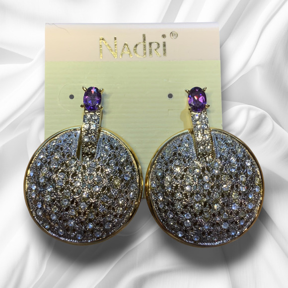 NEW Nadri Gold-Tone CZ Pavé Disc Drop Earrings Purple Statement Doorknocker - Picture 6 of 6